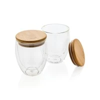 Dubbelwandig borosilicaatglas 250ml met bamboe deksel - set van 2