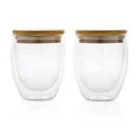 Dubbelwandig borosilicaatglas 250ml met bamboe deksel - set van 2