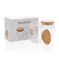 Dubbelwandig borosilicaatglas 250ml met bamboe deksel - set van 2