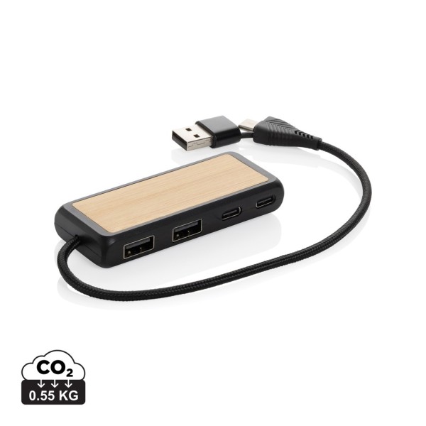 Link RCS gerecycled plastic en bamboe dubbeleUSB-hub, zwart