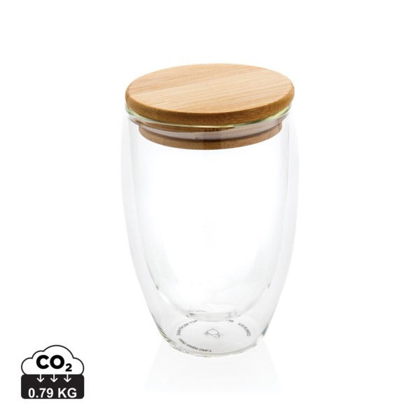 Dubbelwandig borosilicaatglas met bamboe deksel 350ml, transparant