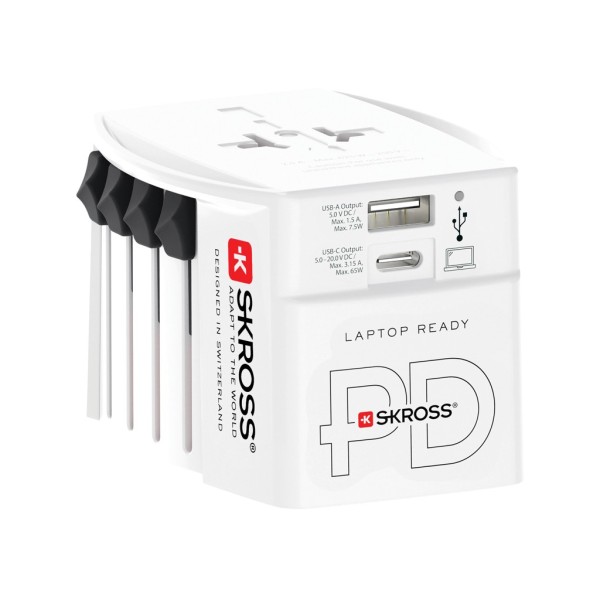 SKROSS MUV Wereldreisadapter 65W PD met USB C-kabel, wit